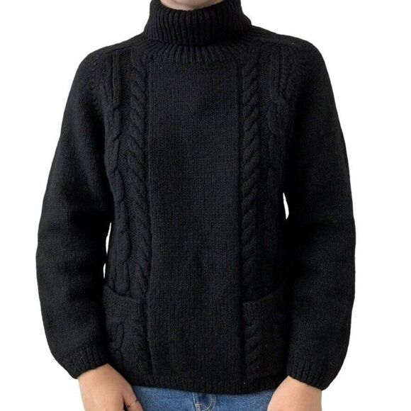 Vintage J Crew Womens 100% Wool Black Cable Knit Chunky Turtleneck Sweater Sz M - Picture 1 of 6